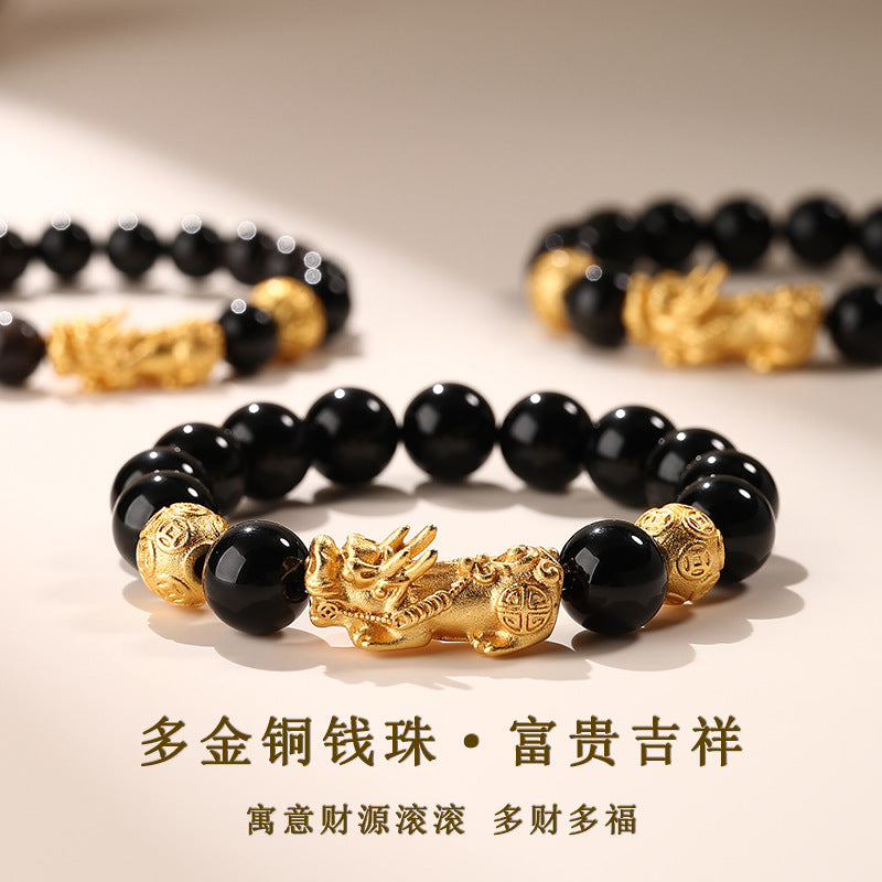 【提升財運-風水飾品】天然黑曜石沙金貔貅手鍊