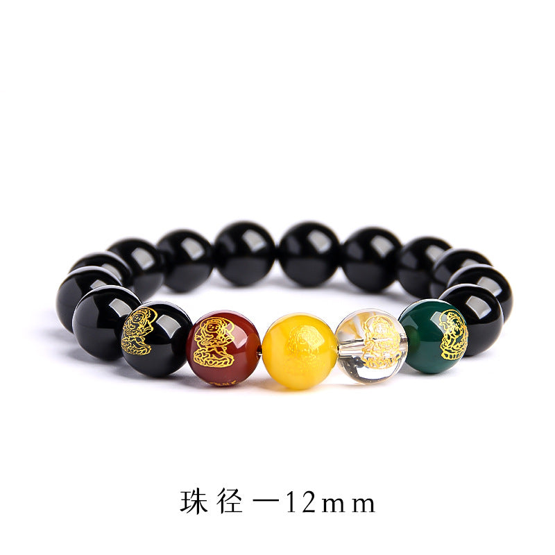 【提升財運-風水飾品】黑瑪瑙五路財神金木水火土轉運珠手飾